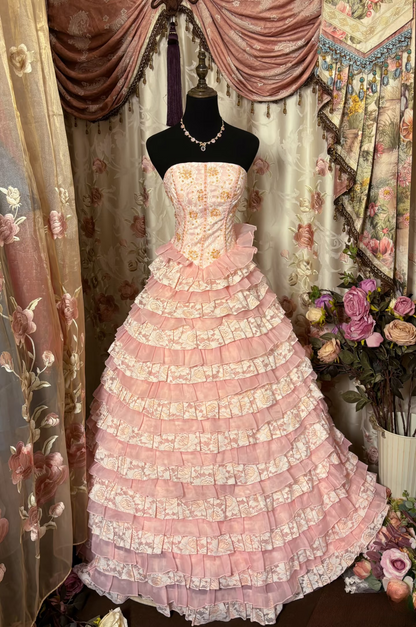 Cute Ball Gown Strapless Lace Tulle With Beads Ruffle Layers Long Quinceanera Dresses Sweet 15 16 Birthday Gown AU314