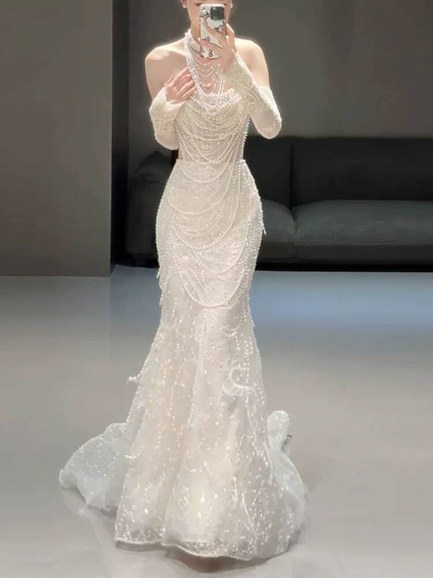 Modest Mermaid Strapless White Sequins Wedding Dress Styles Long Fairytale Autumn Wedding Dresses Ideas AU315