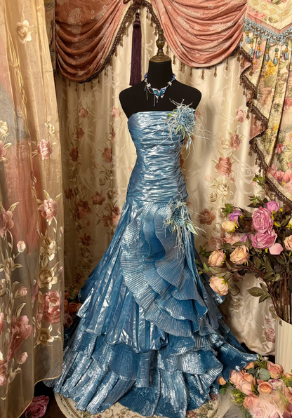 Gorgeous Mermaid Strapless With Feathers 80s Sleeveless Long Prom Dresses Formal Evening Gowns AU315