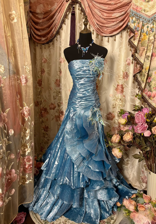 Gorgeous Mermaid Strapless With Feathers 80s Sleeveless Long Prom Dresses Formal Evening Gowns AU315