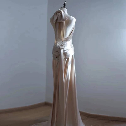 Simple Mermaid Halter Champagne Long Satin Prom Dress Inspiration Party Formal Prom Dresses AU316