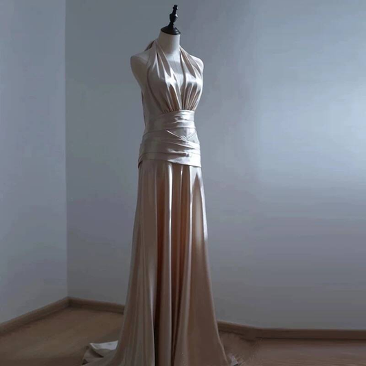 Simple Mermaid Halter Champagne Long Satin Prom Dress Inspiration Party Formal Prom Dresses AU316