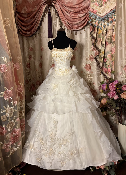 Retro Ball Gown Spaghetti Strap Organza Ivory 80s Fitted Corset Bride Gown Long Wedding Dresses Brides Dress AU317