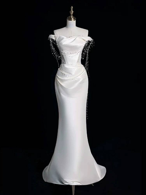 Simple Elegant Mermaid Off The Shoulder Off White Wedding Gown Long Fairytale Autumn Wedding Dresses AU319