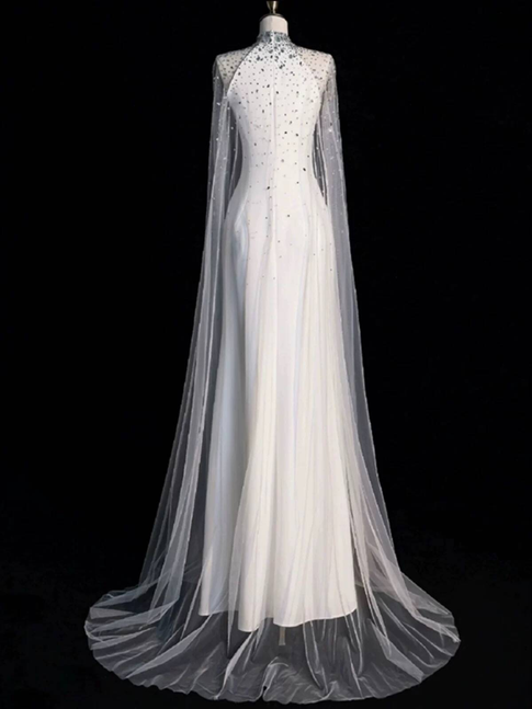 Modest Mermaid High Neck White Wedding Dress With Cape Styles Long Fairytale Brides Gown Wedding Dresses Ideas AU321