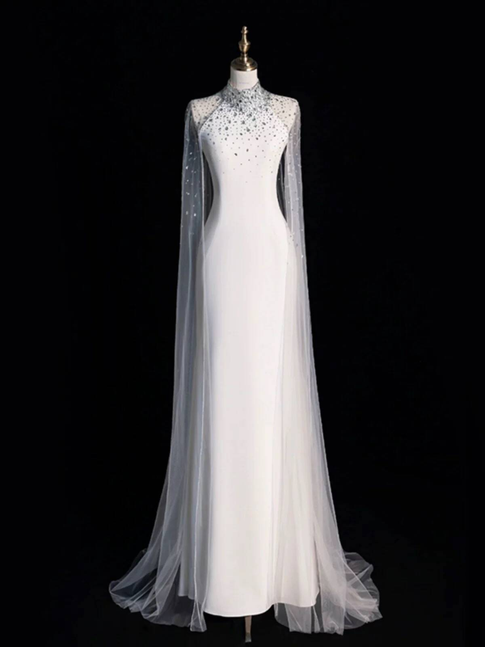 Modest Mermaid High Neck White Wedding Dress With Cape Styles Long Fairytale Brides Gown Wedding Dresses Ideas AU321