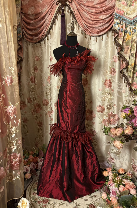 Vintage Mermaid Strapless Burgundy Dark Red Taffeta Prom Dresses Formal Party Teens Evening Gowns AU321