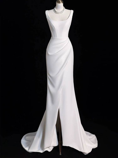 Princess Mermaid Square Neck White Satin Wedding Dress Fairytale Slit Wedding Gown AU322