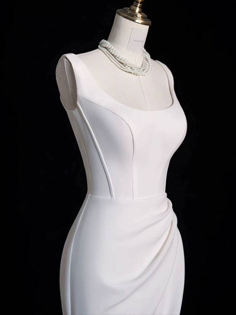 Princess Mermaid Square Neck White Satin Wedding Dress Fairytale Slit Wedding Gown AU322