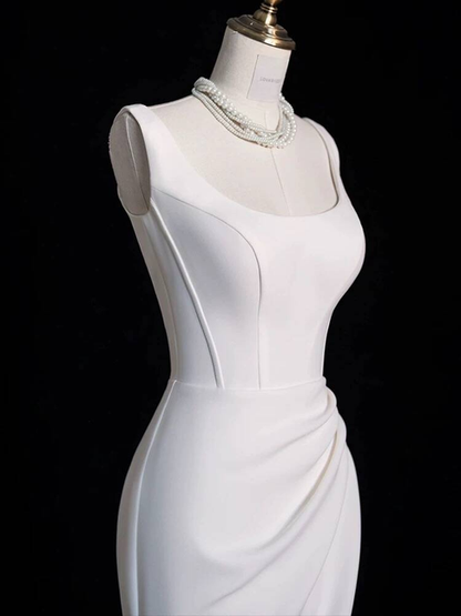 Princess Mermaid Square Neck White Satin Wedding Dress Fairytale Slit Wedding Gown AU322