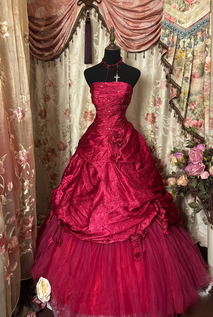 Dazzling Ball Gown Strapless Fuchsia Pink With Ruched Ruffle Long Quinceanera Dresses Sweet 15 16 Birthday Gown AU322