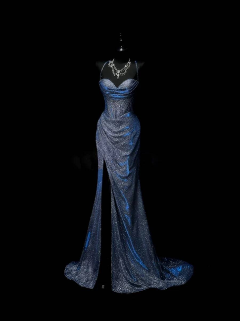 Sexy Mermaid Spaghetti Straps Navy Blue Sequin Prom Dresses Party Dress 21st Birthday Outfits Graduation Dress AU324