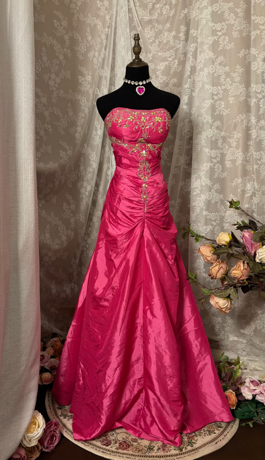 Vintage Mermaid Strapless Hot Pink Beaded Bodice Taffeta Prom Dresses Formal Party Teens Evening Gowns AU324