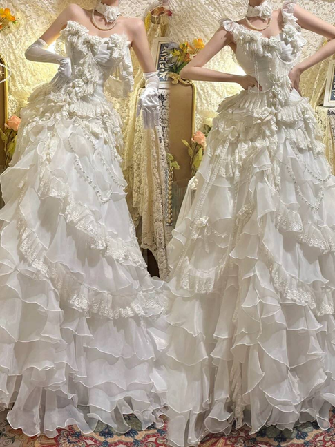 Vintage Ball Gown Strapless Sleeveless Chiffon White Layers Wedding Dress Fairytale Wedding Gown AU325