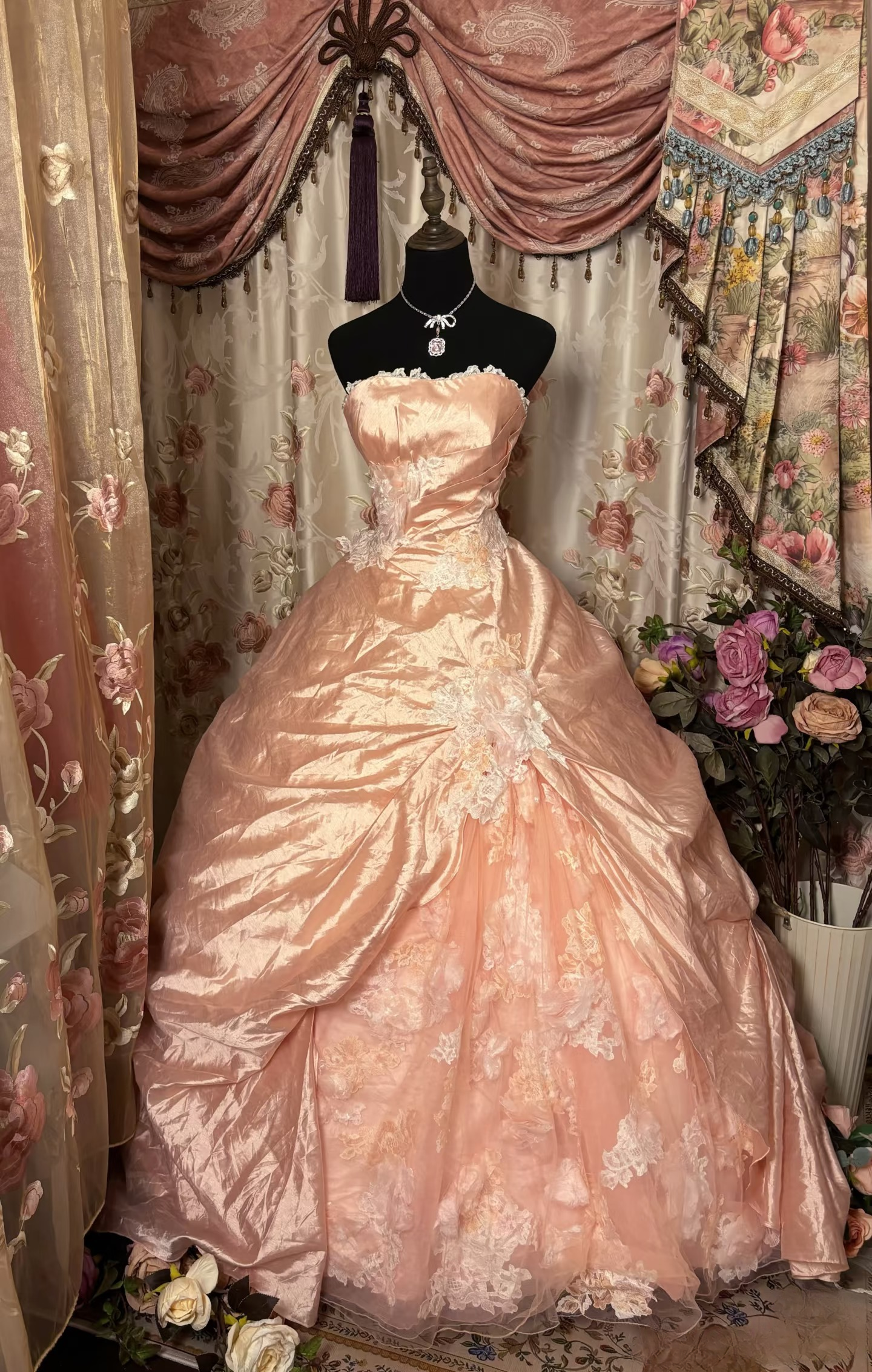 Noble Ball Gown Strapless Blush Pink Taffeta With Lace Ruched Ruffles Long Quinceanera Dresses Sweet 15 16 Birthday Gown AU326