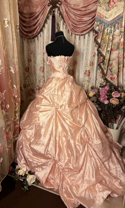 Noble Ball Gown Strapless Blush Pink Taffeta With Lace Ruched Ruffles Long Quinceanera Dresses Sweet 15 16 Birthday Gown AU326