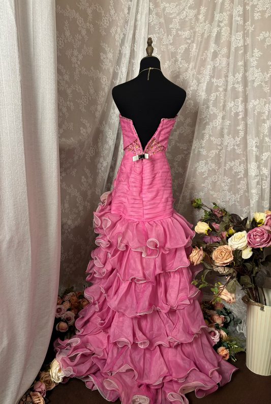 Vintage Ball Gown High Low Strapless Hot Pink Beaded Prom Dresses Formal Party Teens Evening Gowns AU327