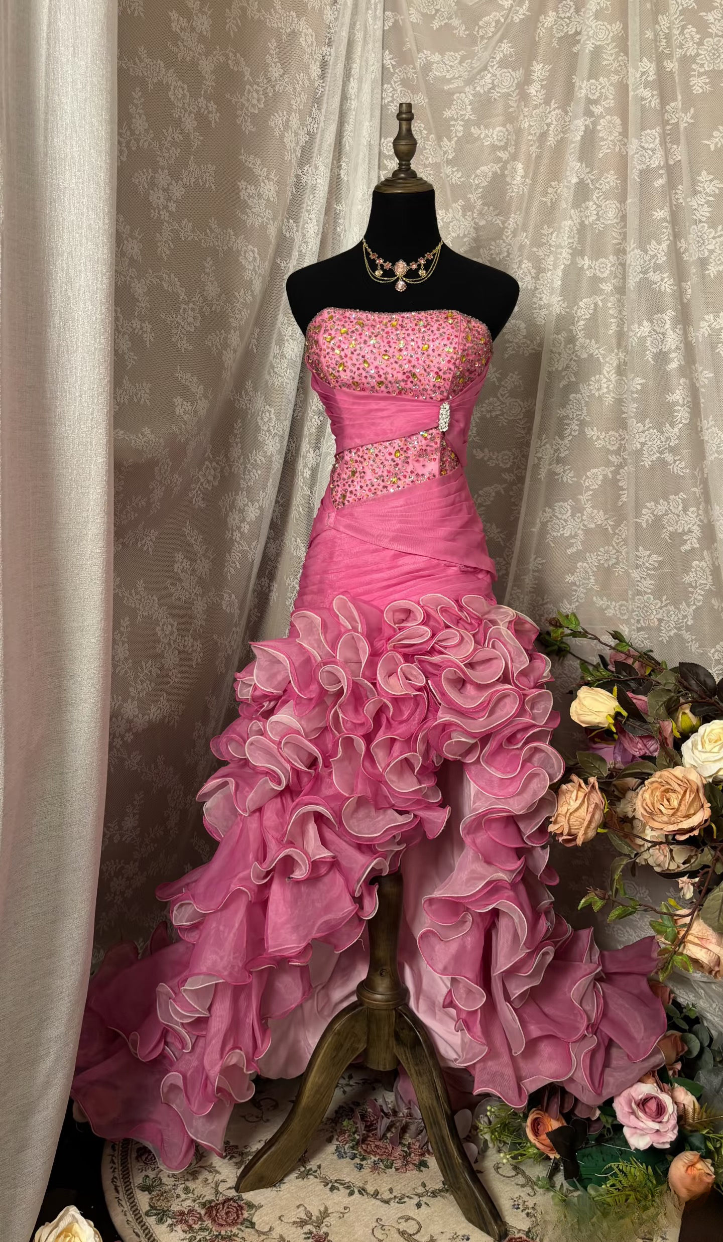Vintage Ball Gown High Low Strapless Hot Pink Beaded Prom Dresses Formal Party Teens Evening Gowns AU327