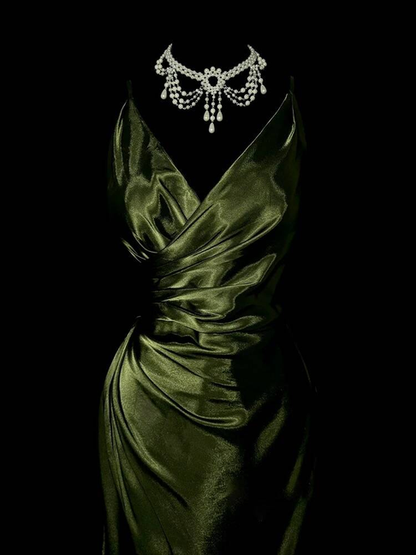 Vintage Mermaid V Neck Green Long Satin Prom Dress Inspiration Party Formal Prom Dresses AU328