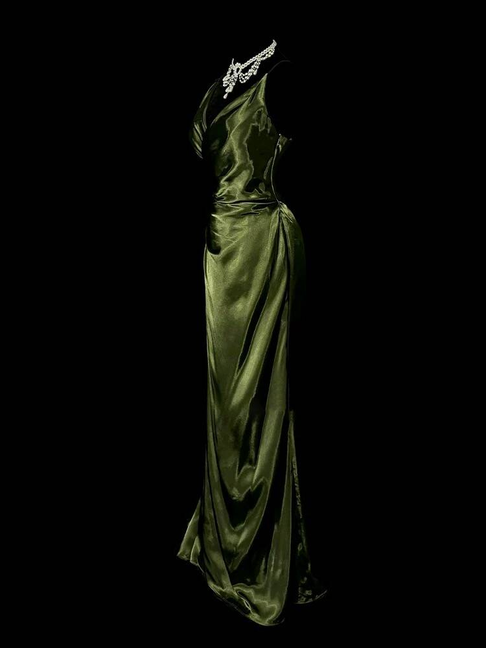 Vintage Mermaid V Neck Green Long Satin Prom Dress Inspiration Party Formal Prom Dresses AU328