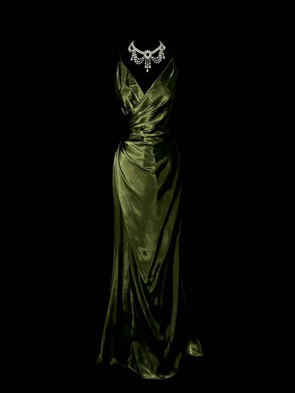 Vintage Mermaid V Neck Green Long Satin Prom Dress Inspiration Party Formal Prom Dresses AU328