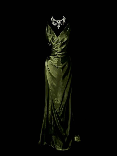 Vintage Mermaid V Neck Green Long Satin Prom Dress Inspiration Party Formal Prom Dresses AU328