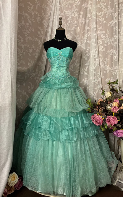 Noble Ball Gown Sweetheart Blue Tulle With Appliqued Lace Ruched Ruffles Long Quinceanera Dresses Sweet 15 16 Birthday Gown AU329