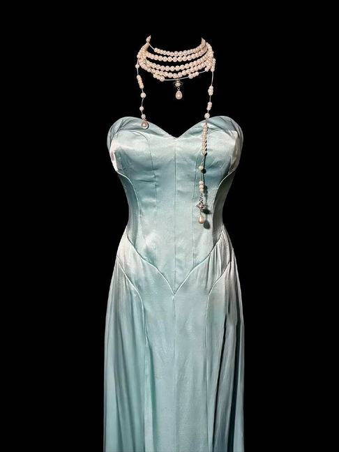 Vintage A Line Sweetheart Blue Satin Floor Length Prom Dresses Party Dress 21st Birthday Outfits Graduation Dress AU330