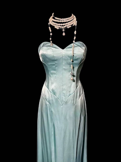 Vintage A Line Sweetheart Blue Satin Floor Length Prom Dresses Party Dress 21st Birthday Outfits Graduation Dress AU330
