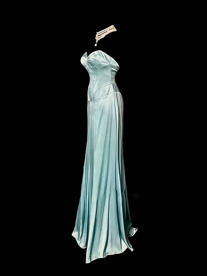 Vintage A Line Sweetheart Blue Satin Floor Length Prom Dresses Party Dress 21st Birthday Outfits Graduation Dress AU330