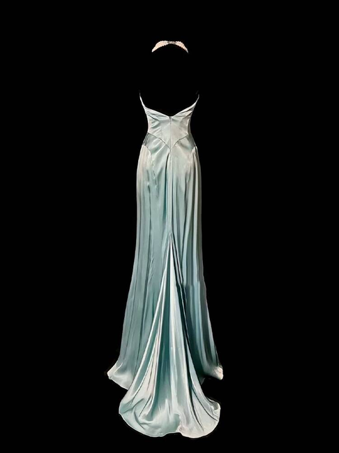 Vintage A Line Sweetheart Blue Satin Floor Length Prom Dresses Party Dress 21st Birthday Outfits Graduation Dress AU330