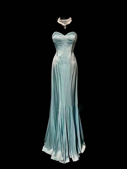Vintage A Line Sweetheart Blue Satin Floor Length Prom Dresses Party Dress 21st Birthday Outfits Graduation Dress AU330