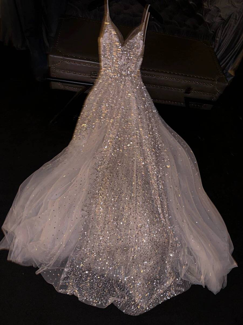 Sparkly Ball Gown Spaghetti Straps Sleeveless Sequins White Wedding Dress Fairytale Wedding Gown AU331