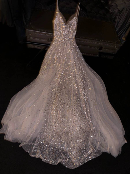 Sparkly Ball Gown Spaghetti Straps Sleeveless Sequins White Wedding Dress Fairytale Wedding Gown AU331