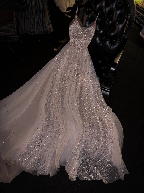 Sparkly Ball Gown Spaghetti Straps Sleeveless Sequins White Wedding Dress Fairytale Wedding Gown AU331