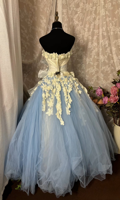 Unique Ball Gown Strapless Blue Tulle With Appliqued Lace Long Quinceanera Dresses Sweet 15 16 Birthday Gown AU331