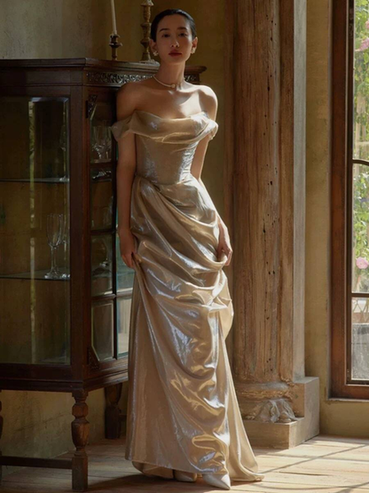 Vintage Mermaid Off The Shoulder Satin Floor Length Prom Dresses Party Dress 21st Birthday Outfits Graduation Dress AU332