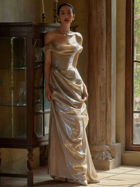 Vintage Mermaid Off The Shoulder Satin Floor Length Prom Dresses Party Dress 21st Birthday Outfits Graduation Dress AU332