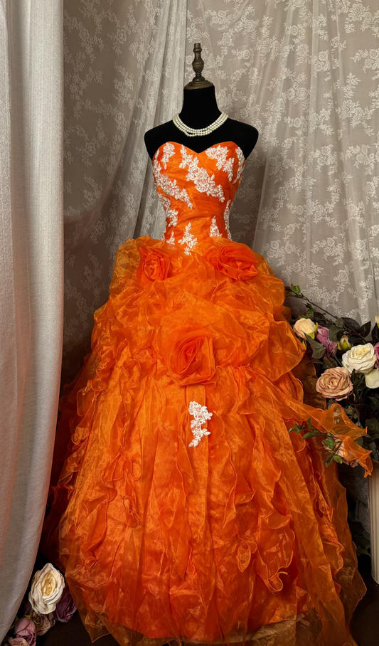 Unique Ball Gown Sweetheart Orange Tulle With Appliqued Lace Long Quinceanera Dresses Sweet 15 16 Birthday Gown AU332