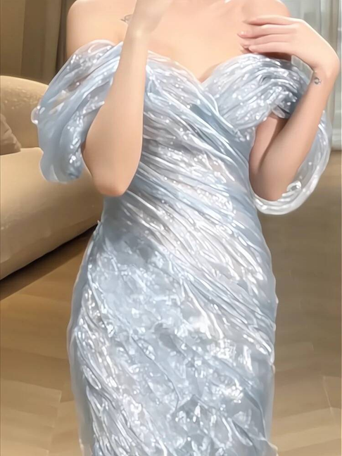 Vintage Mermaid Off The Shoulder Light Sky Blue Floor Length Prom Dresses Party Dress 21st Birthday Outfits Graduation Dress AU333