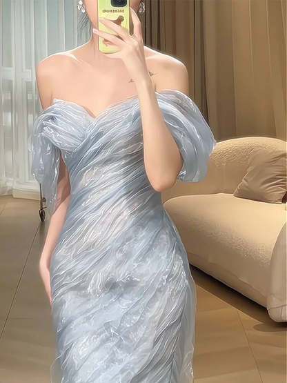 Vintage Mermaid Off The Shoulder Light Sky Blue Floor Length Prom Dresses Party Dress 21st Birthday Outfits Graduation Dress AU333