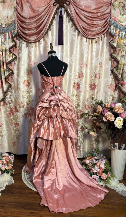 Vintage Prom Dress Outfit Ball Gown Spaghetti Straps Pink Long Prom Dresses Formal Evening Gowns AU333