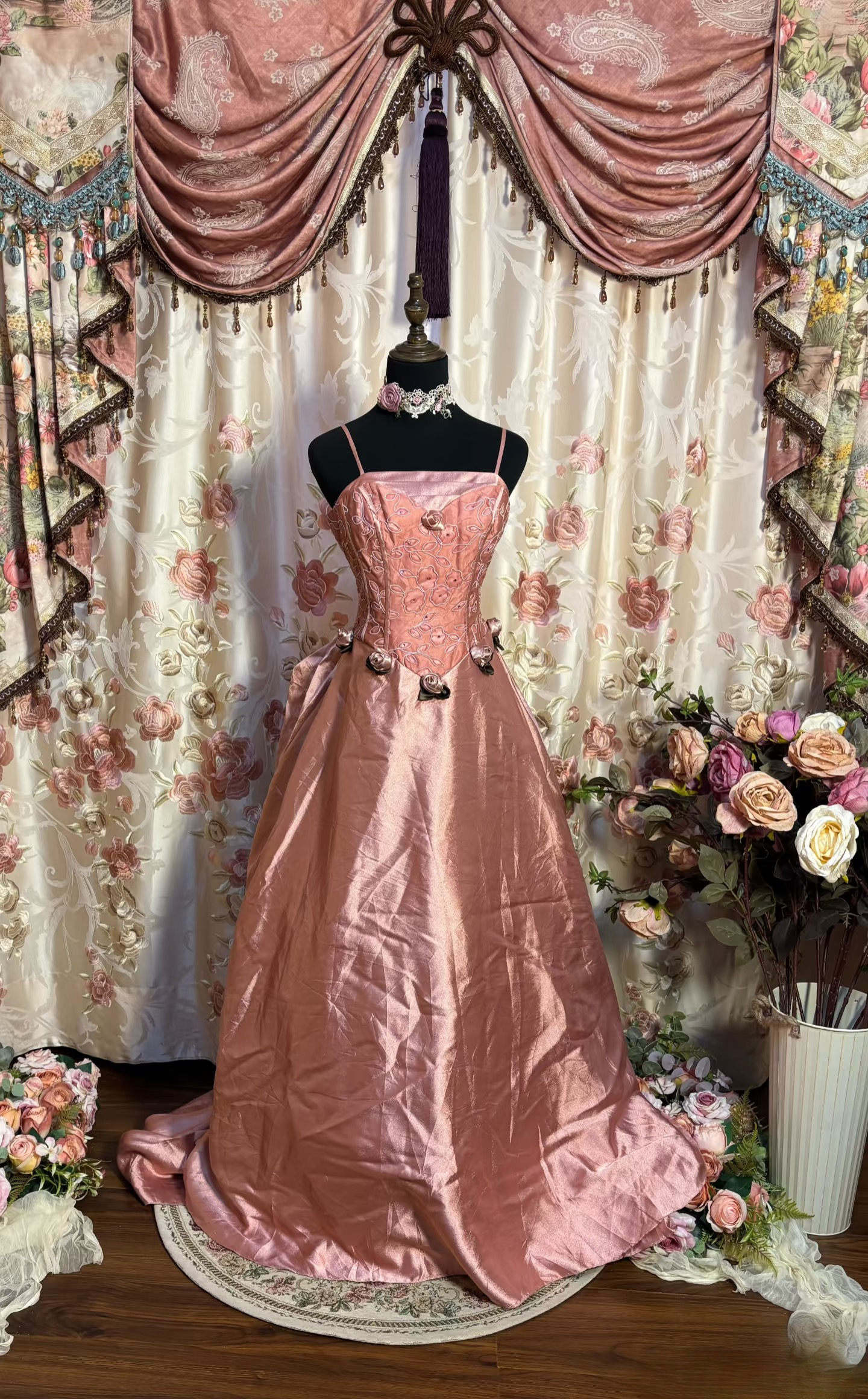 Vintage Prom Dress Outfit Ball Gown Spaghetti Straps Pink Long Prom Dresses Formal Evening Gowns AU333