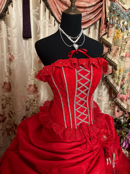 Princess Ball Gown Strapless Red Tulle With Ruffles Ruched Long Aesthetic Quinceanera Dresses Sweet 15 16 Birthday Gown AU335