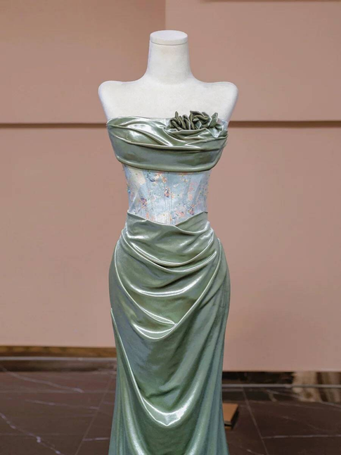 Vintage Mermaid Strapless Green Long Satin Prom Dress Inspiration Party Formal Gown Prom Dresses AU336