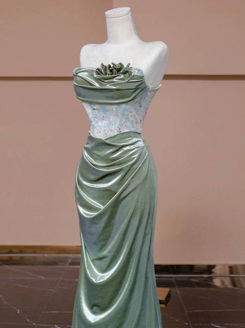 Vintage Mermaid Strapless Green Long Satin Prom Dress Inspiration Party Formal Gown Prom Dresses AU336