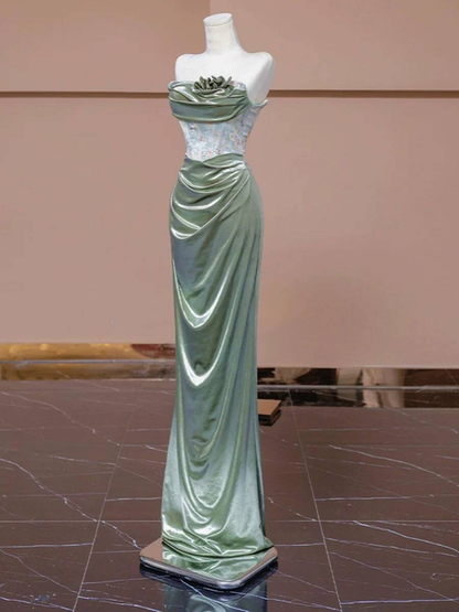 Vintage Mermaid Strapless Green Long Satin Prom Dress Inspiration Party Formal Gown Prom Dresses AU336
