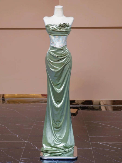 Vintage Mermaid Strapless Green Long Satin Prom Dress Inspiration Party Formal Gown Prom Dresses AU336