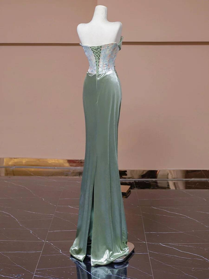 Vintage Mermaid Strapless Green Long Satin Prom Dress Inspiration Party Formal Gown Prom Dresses AU336