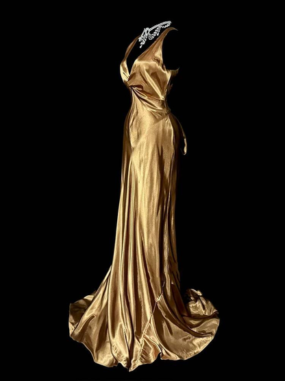 Vintage Mermaid V Neck Gold Satin Floor Length Prom Dresses Party Dress 21st Birthday Outfits Graduation Dress AU337